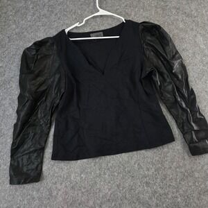 Anthropologie Mixed Media Top Black Faux Leather Puff Sleeve V-Neck Blouse XL